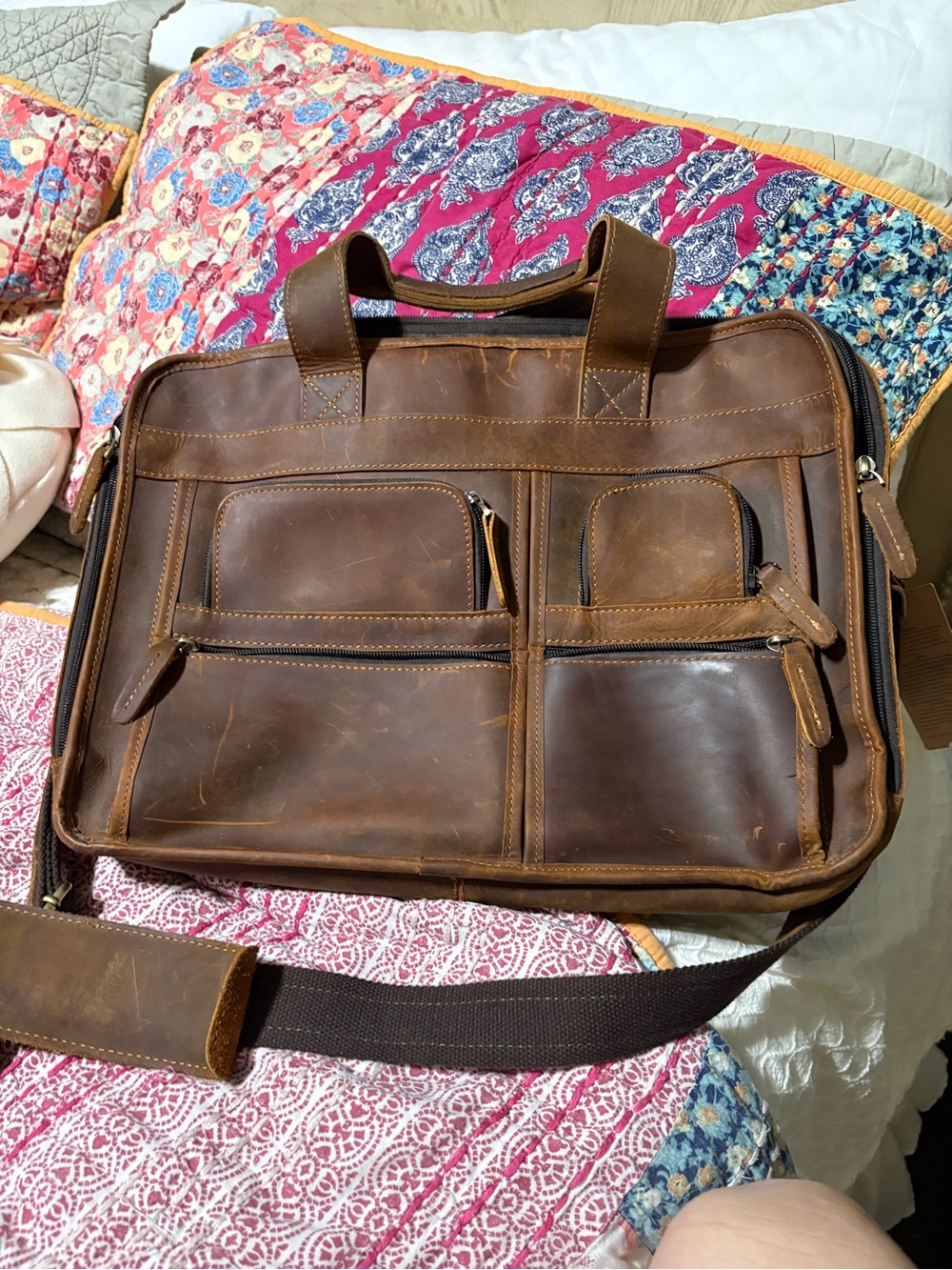 Jack&Chris Classic Brown Leather Laptop Briefcase with Multiple Front Pockets